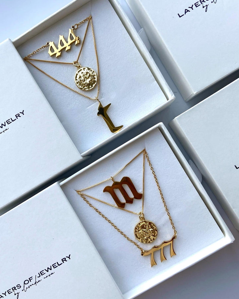 M Initial Rhinestone Charm Layered Necklace and Stud Earrings Set - Gold